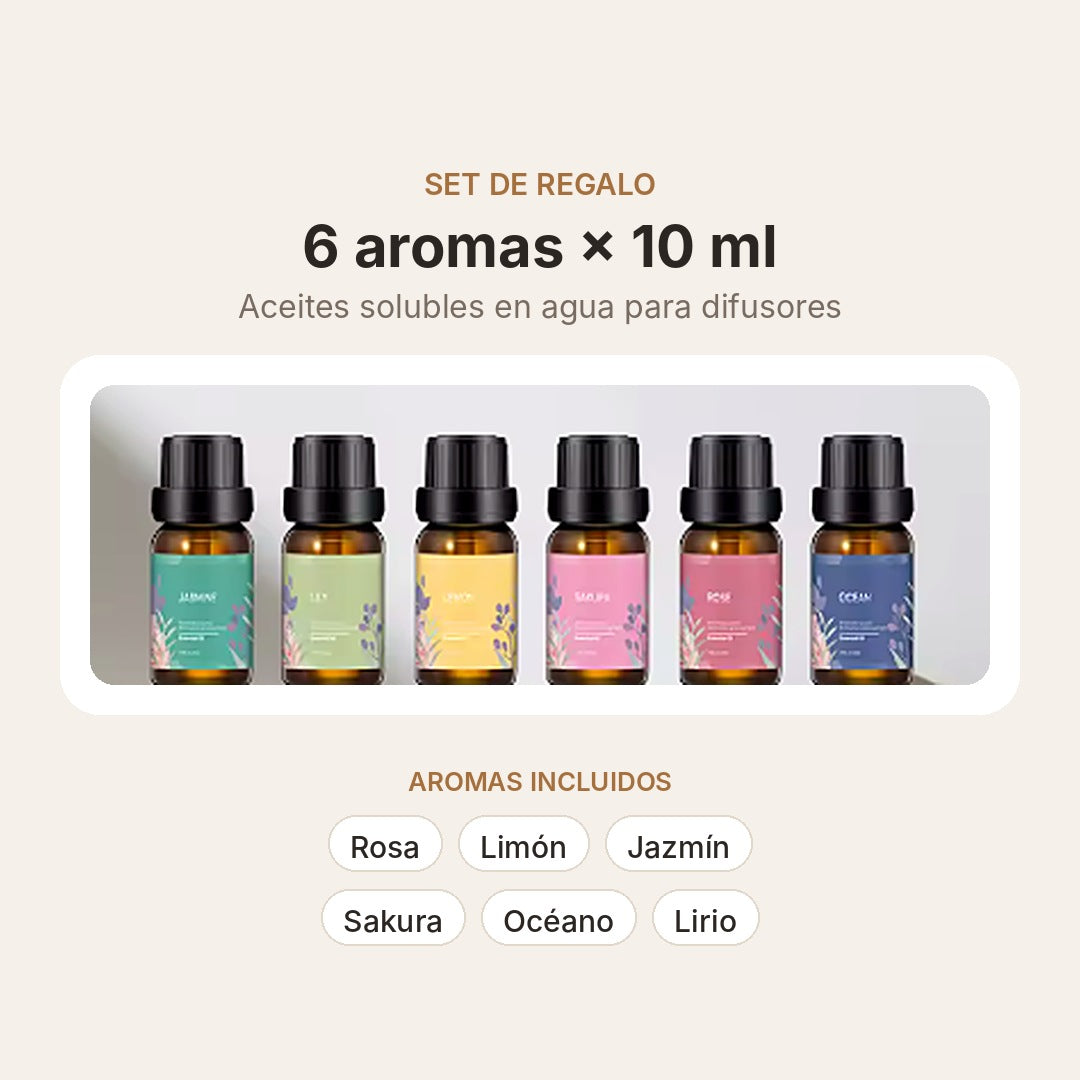 Set de 6 aceites esenciales de 10 ml: rosa, limón, jazmín, sakura, océano y lirio