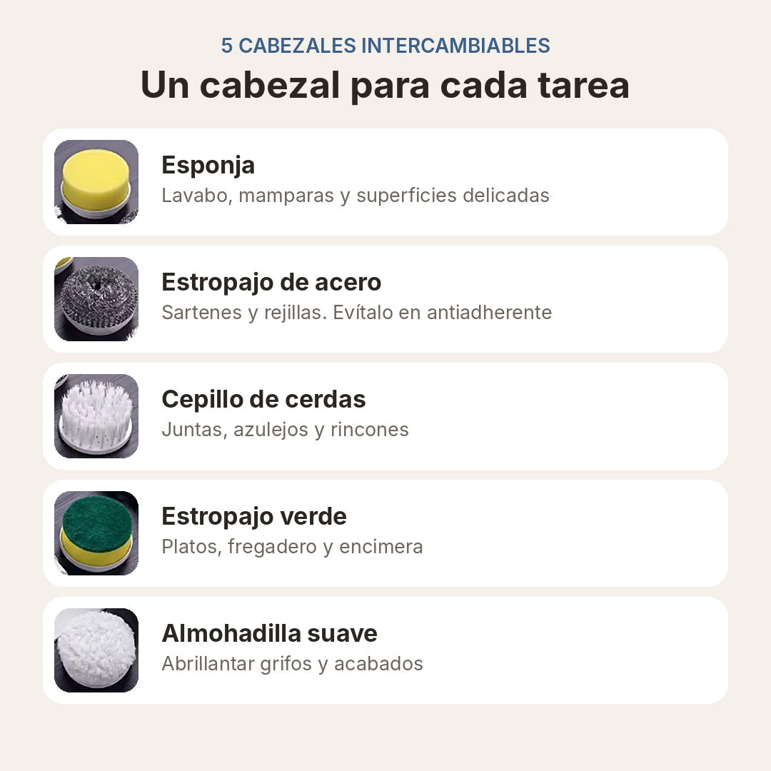 Cabezales del cepillo eléctrico: esponja, estropajo de acero, cepillo de cerdas, estropajo verde y almohadilla suave