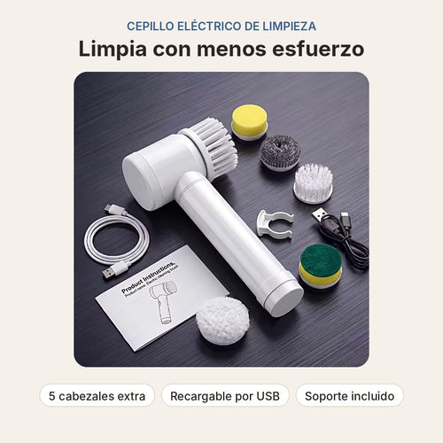 Cepillo eléctrico de limpieza con 5 cabezales intercambiables, cable USB y soporte